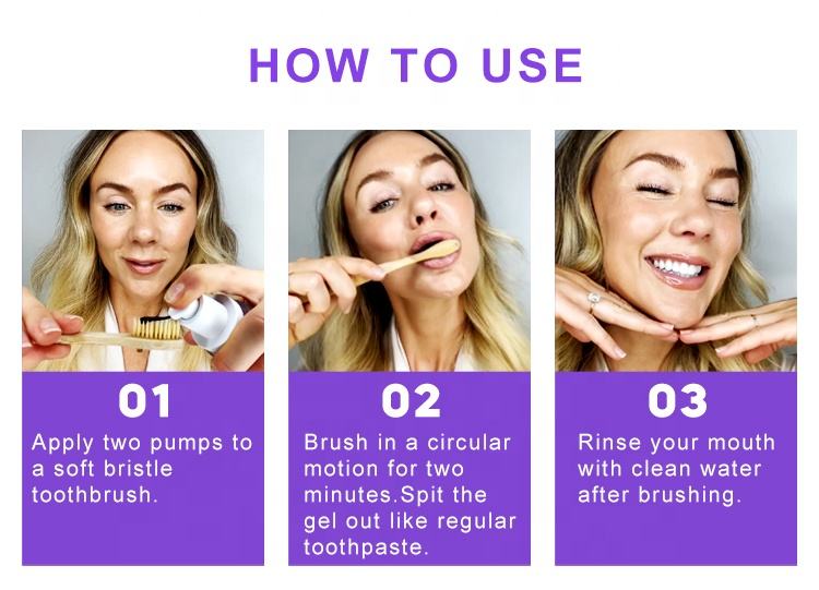 Three-step guide for using V34 Color Corrector Serum with toothbrush application.