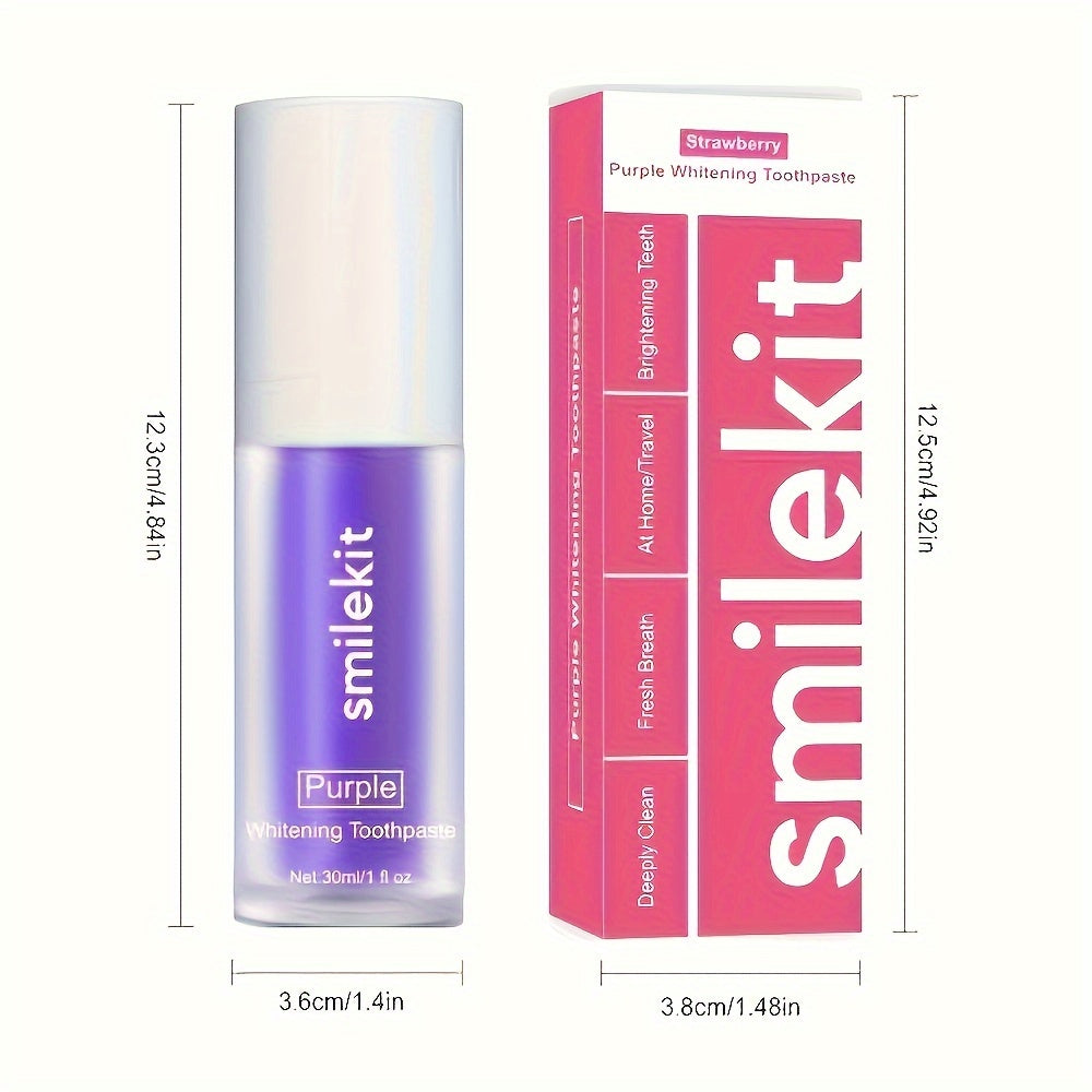 SMILEKIT Radiant Whitening Toothpaste packaging with purple toothpaste and strawberry flavor details.