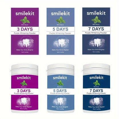 SMILEKIT Purple Teeth Whitening Powder packaging in various day-use options.