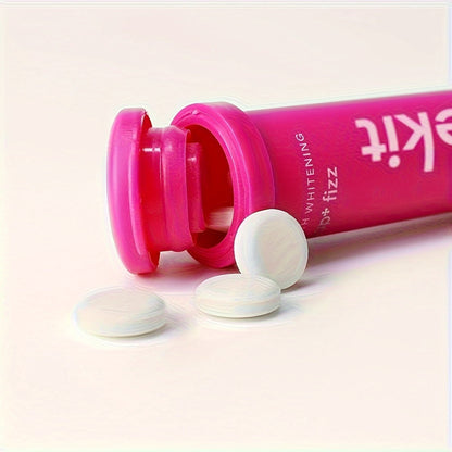 Teeth Whitening Pap+ Fizz tablets in a pink container.