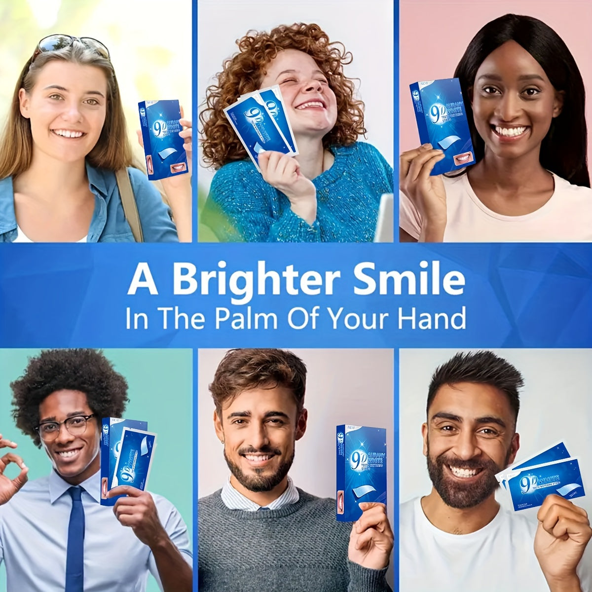 People holding 9D Teeth Whitening Strips for a brighter smile.