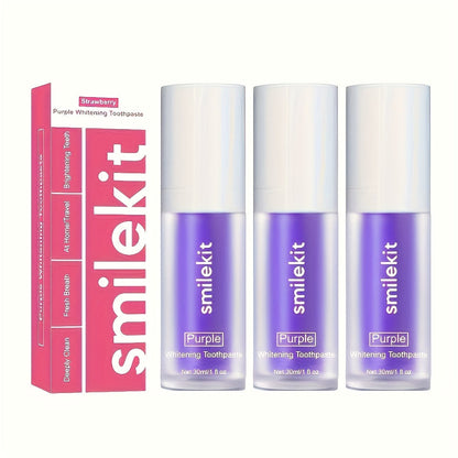 SMILEKIT Radiant Whitening Toothpaste variety pack with Strawberry, Grape, and Mint flavors for brighter smile.