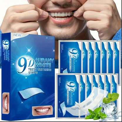 9D Teeth Whitening Strips packaging and product showcased with a smiling individual applying the strip.