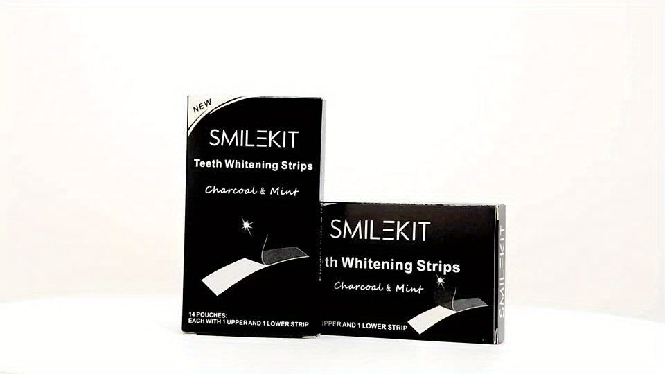 Bamboo Charcoal Teeth Whitening Strips packaging with charcoal and mint flavor.