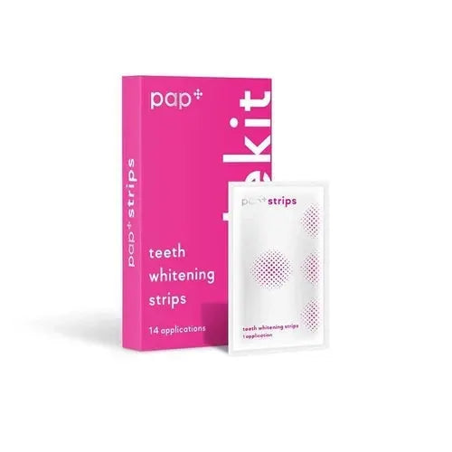 PAP+ Whitening Strips packaging and individual treatment packets for teeth whitening.