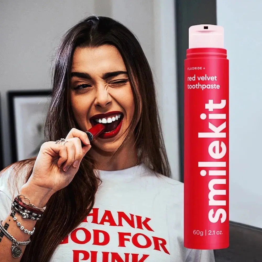 Smilekit flavored toothpaste with fluoride protection and unique red velvet variant.