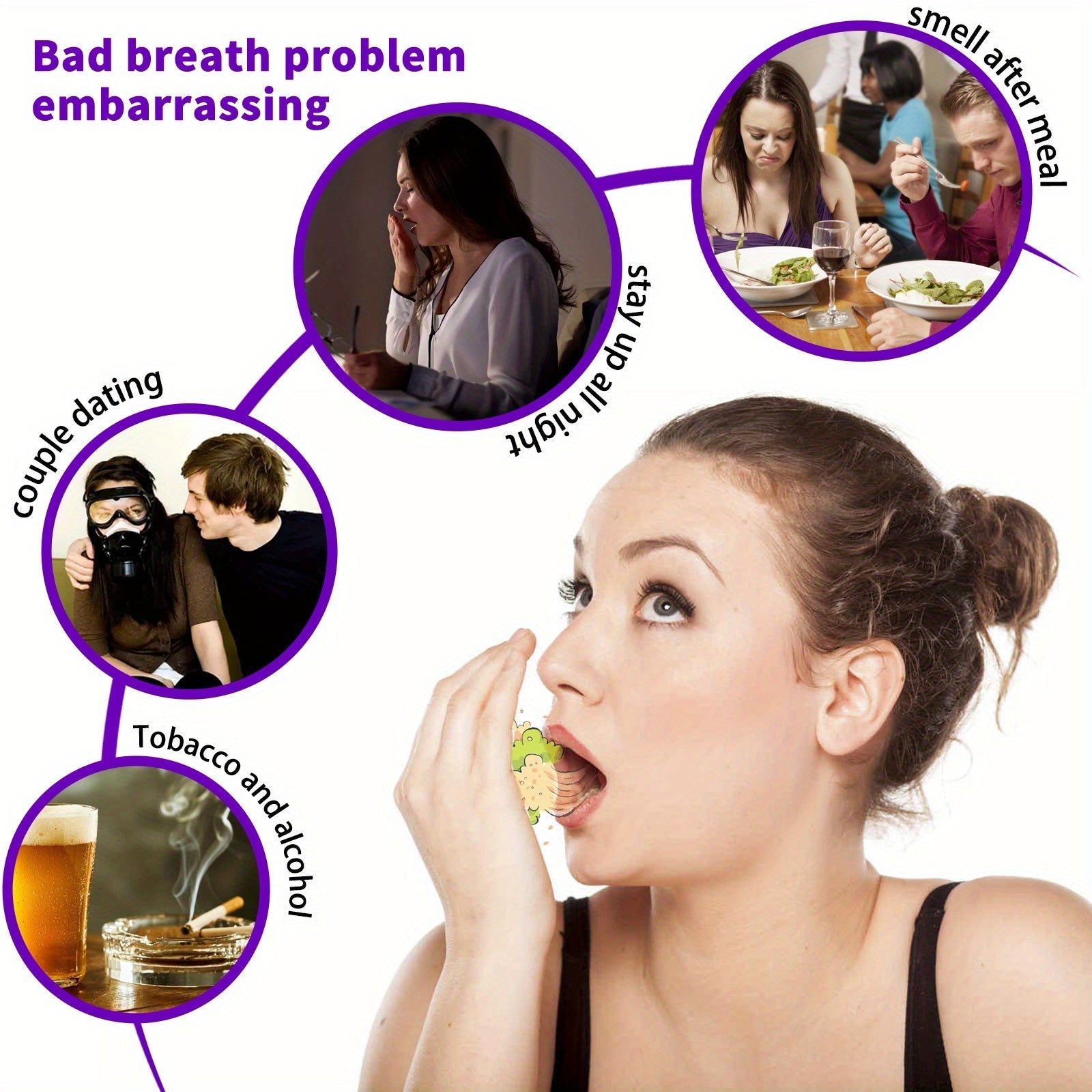 Woman using Fresh Breath Grape Oral Care Spray for instant freshness; addresses bad breath in social situations.