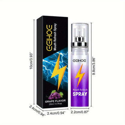 Oral Care Spray Fresh Breath Grape 20ml bottle with packaging featuring grape flavor design.