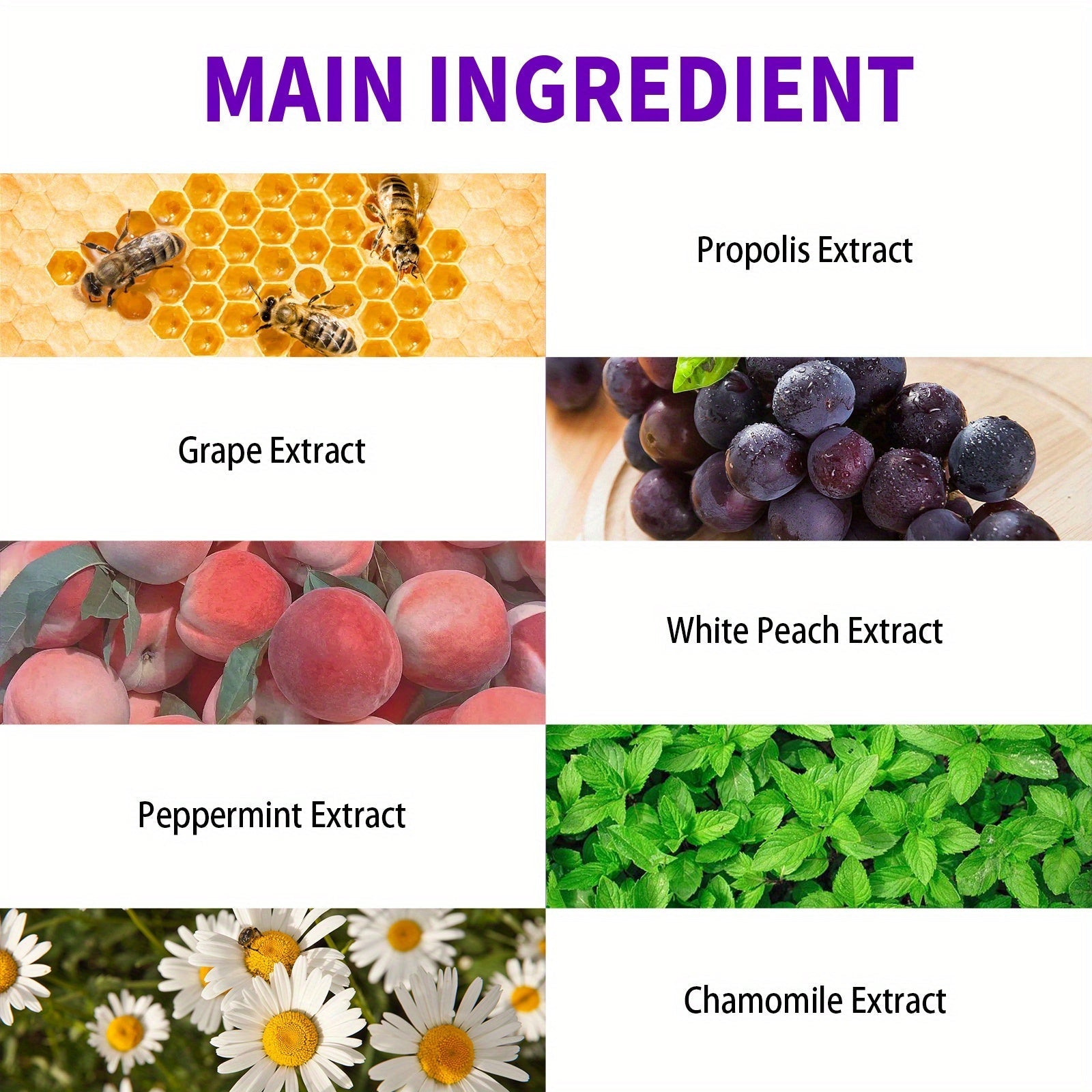 Main ingredients: Propolis, grape, white peach, peppermint, chamomile extracts in Fresh Breath Grape Oral Care Spray.