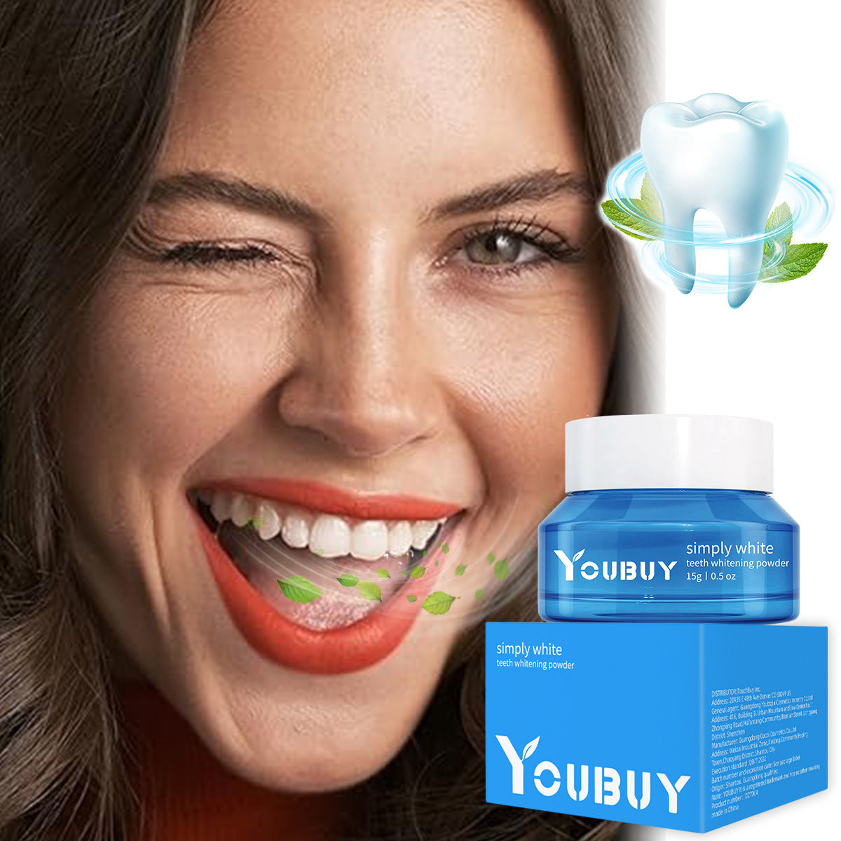 YOUBUY Teeth Whitening Powder packaging with smiling woman.