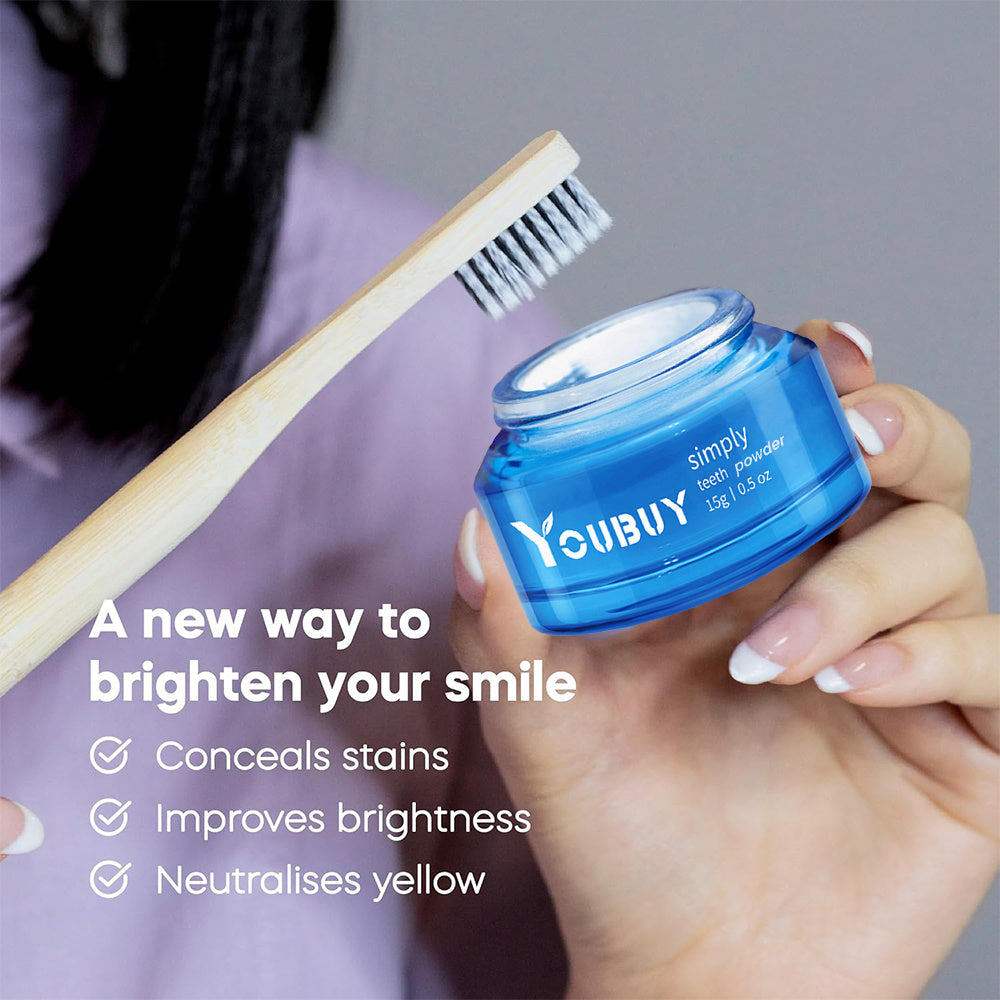 YOUBUY Teeth Whitening Powder with toothbrush, improves brightness and neutralizes yellow stains.