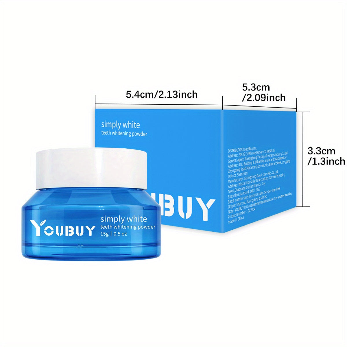 YOUBUY Teeth Whitening Powder with packaging dimensions.