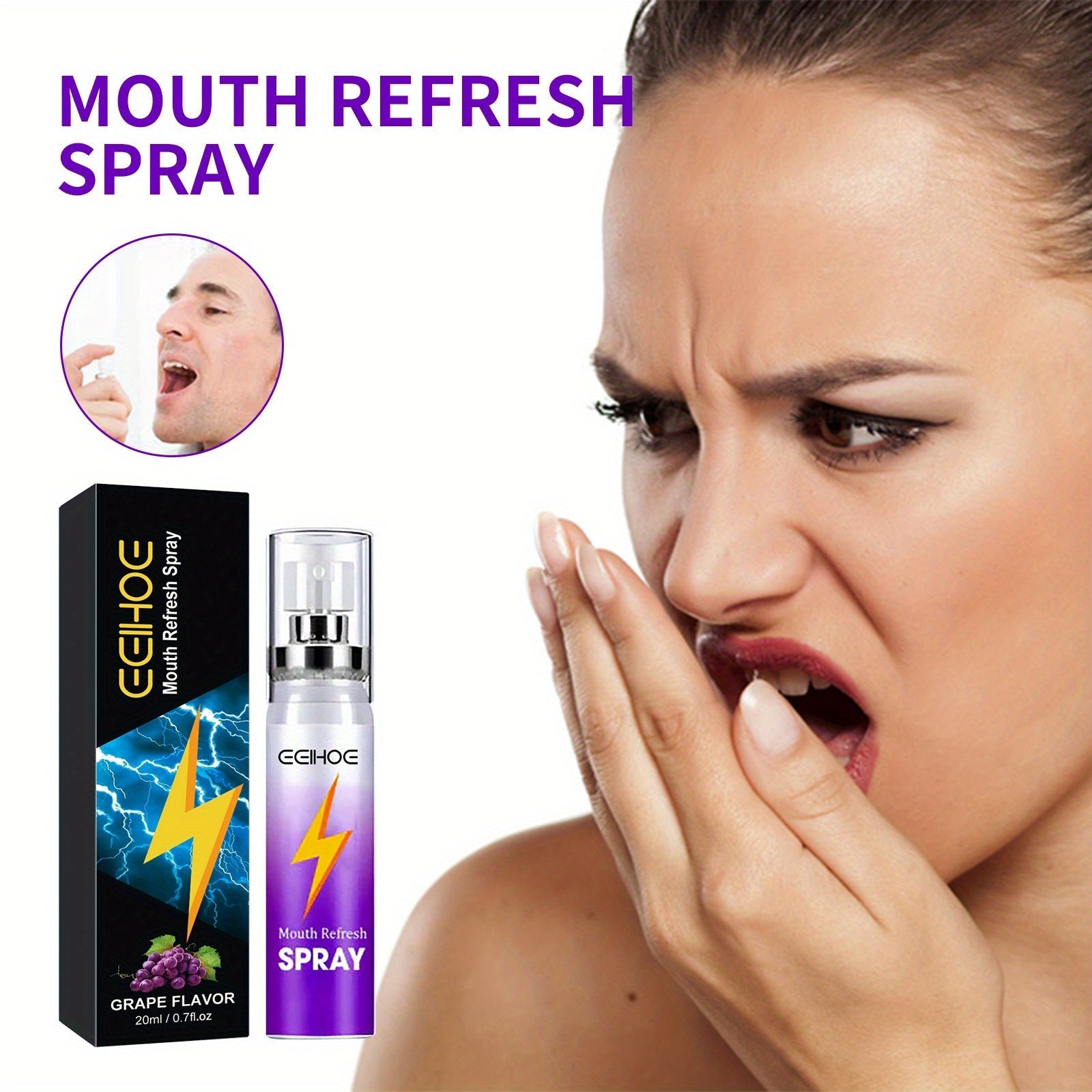 Fresh Breath Grape Oral Care Spray, refreshing grape flavor, convenient 20ml size, pocket-friendly solution for bad breath.