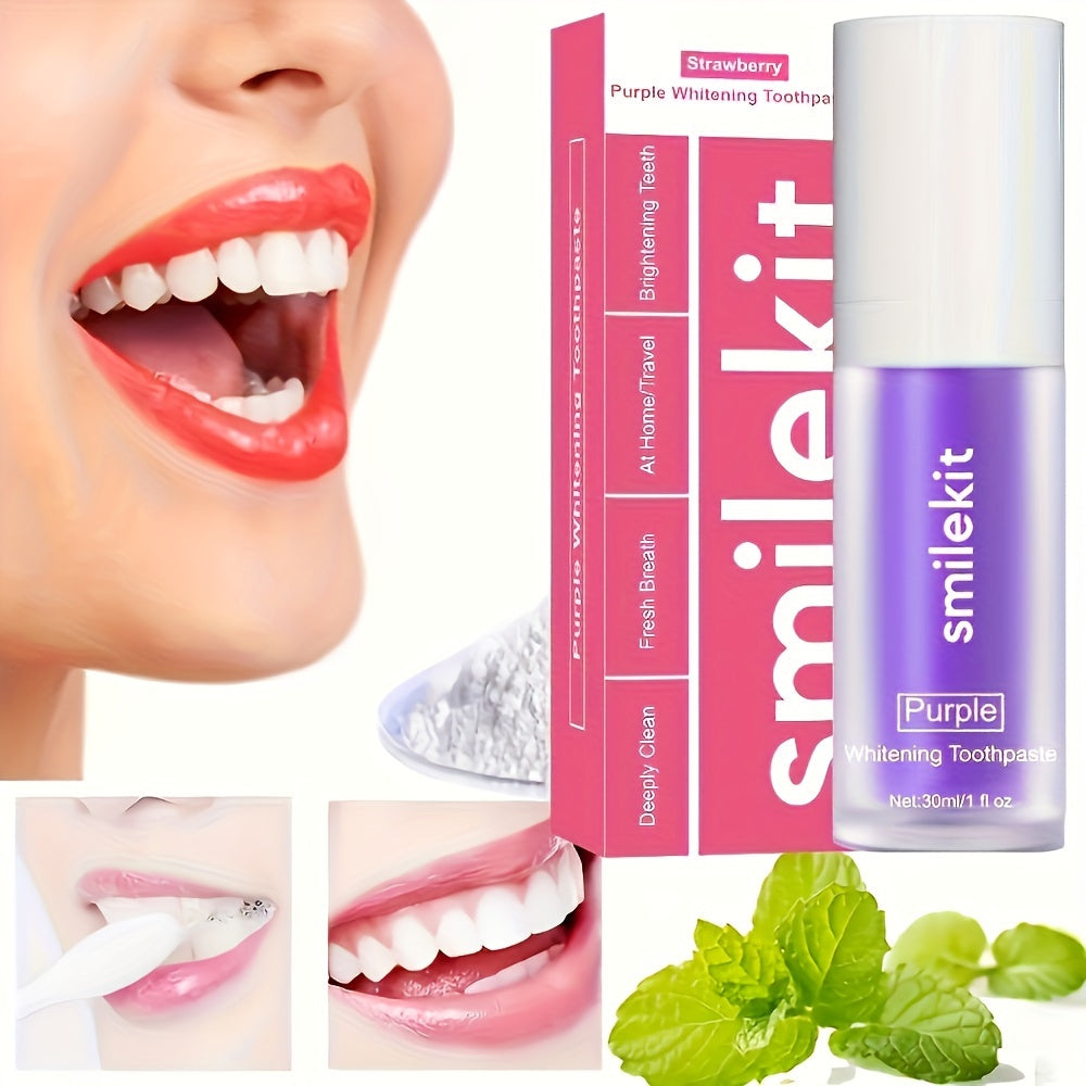 SMILEKIT Radiant Whitening Toothpaste variety pack with flavors in Strawberry, Grape, and Mint; promotes brighter, healthier smile.