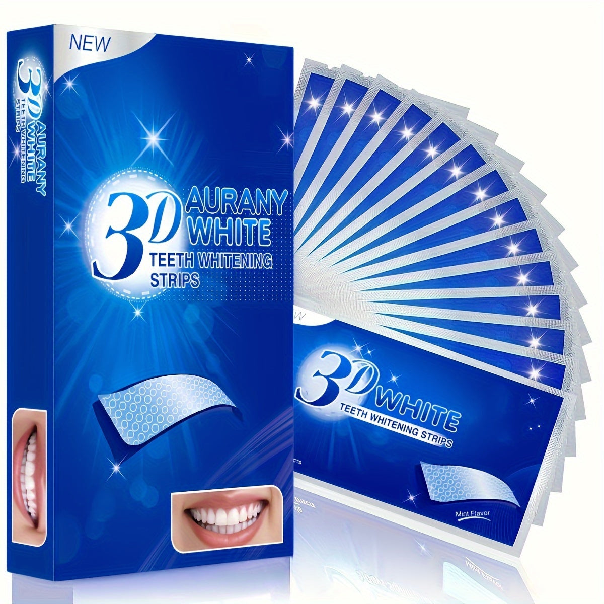 3D Teeth Whitening Strips in blue packaging with a smiling mouth image.