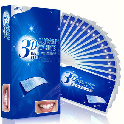 3D Teeth Whitening Strips in blue packaging with a smiling mouth image.