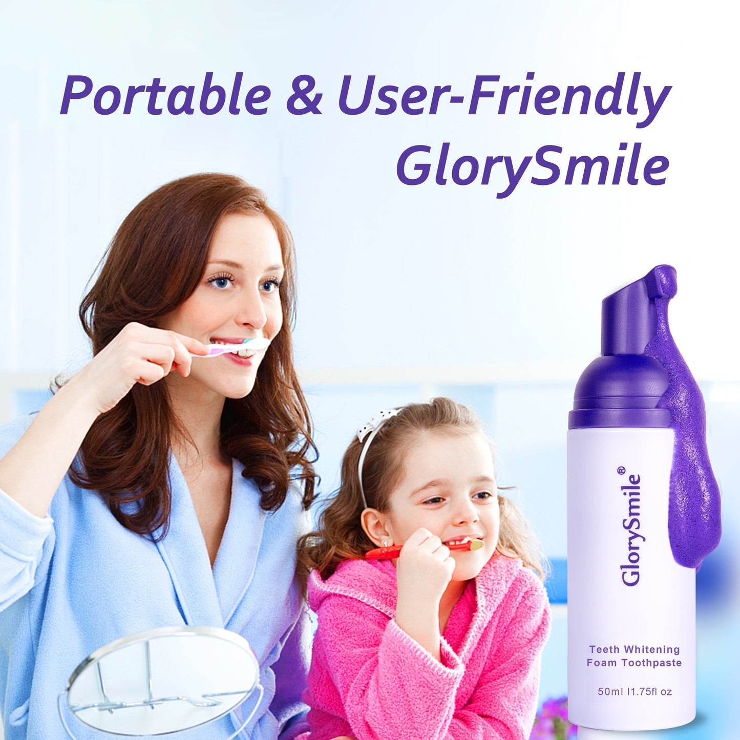 GlorySmile Purple Foam Toothpaste for deep cleaning and stain removal, featuring a user-friendly, portable design.