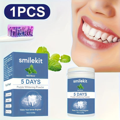 SMILEKIT Purple Teeth Whitening Powder with mint flavor for a bright smile and fresh breath.