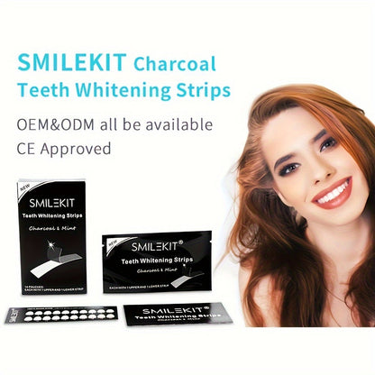 Bamboo Charcoal Teeth Whitening Strips packaging with smiling woman.