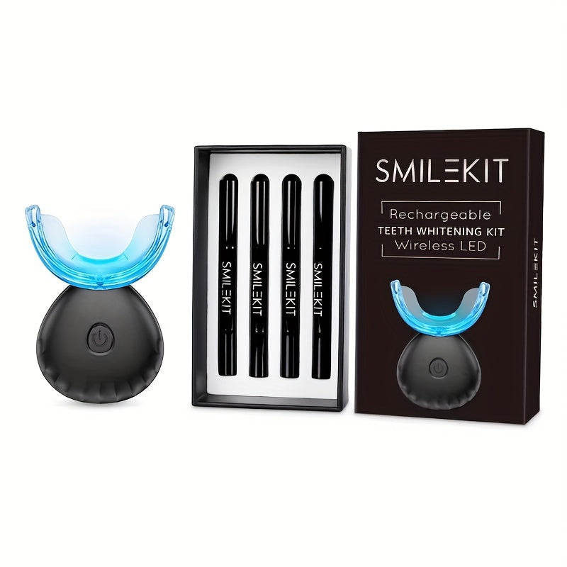 SMILE-KIT Wireless Teeth Whitening Kit with LED light, gel pens, and USB charging.