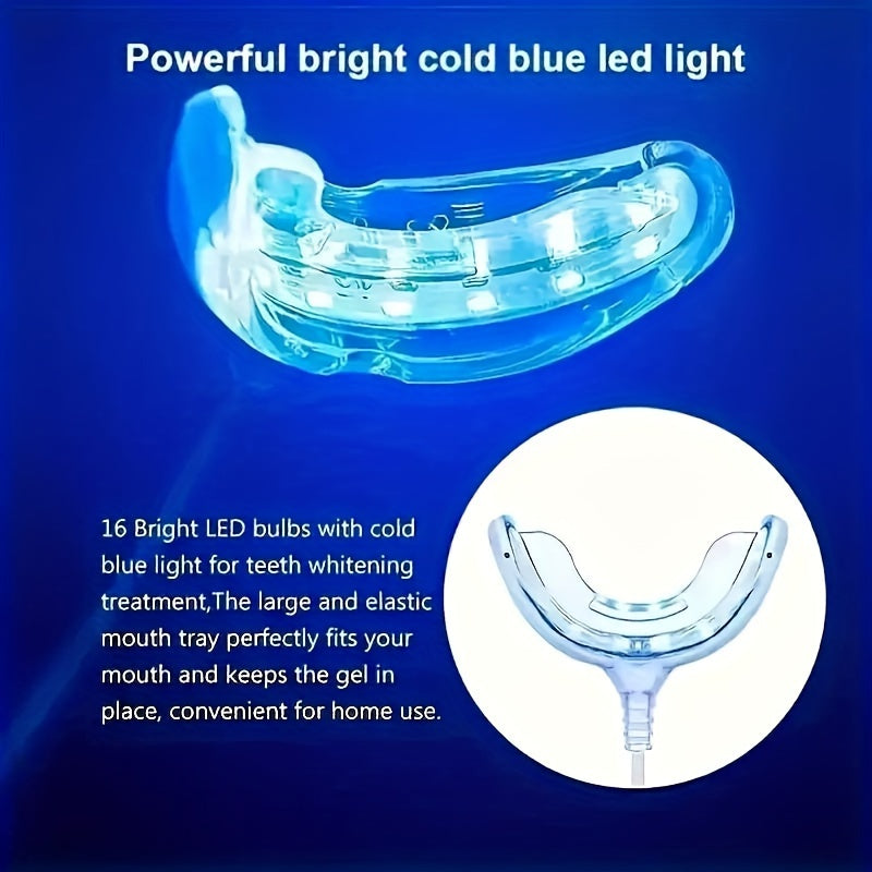 16 LED teeth whitening kit with bright blue LED light and flexible mouth tray for effective home stain removal.