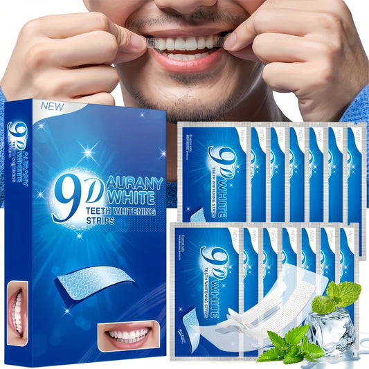 9D Teeth Whitening Strips box with smiling person applying a strip; includes 14 pairs with deep-cleansing gel for sensitive teeth.