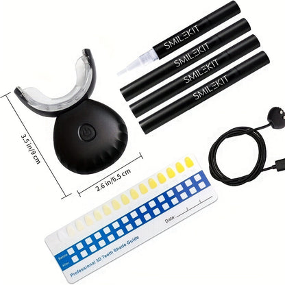 SMILE-KIT Wireless Teeth Whitening Kit with LED light, USB charging, gel pens, and shade guide.