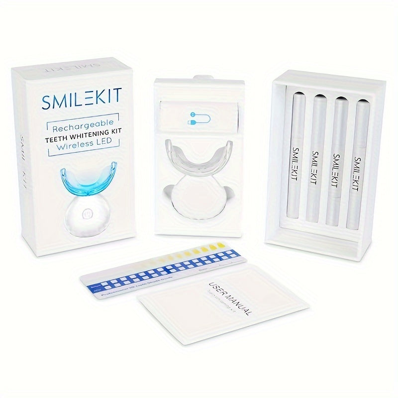 SMILE-KIT Wireless Teeth Whitening Kit with LED light, gel pens, and shade guide.