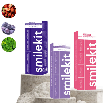 SMILEKIT Radiant Whitening Toothpaste variety pack with Strawberry, Grape, and Mint flavors.