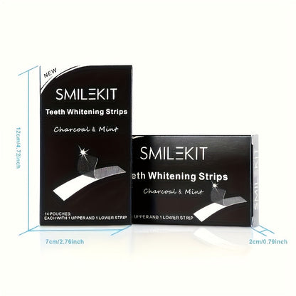 Bamboo Charcoal Teeth Whitening Strips packaging with charcoal and mint flavor details.