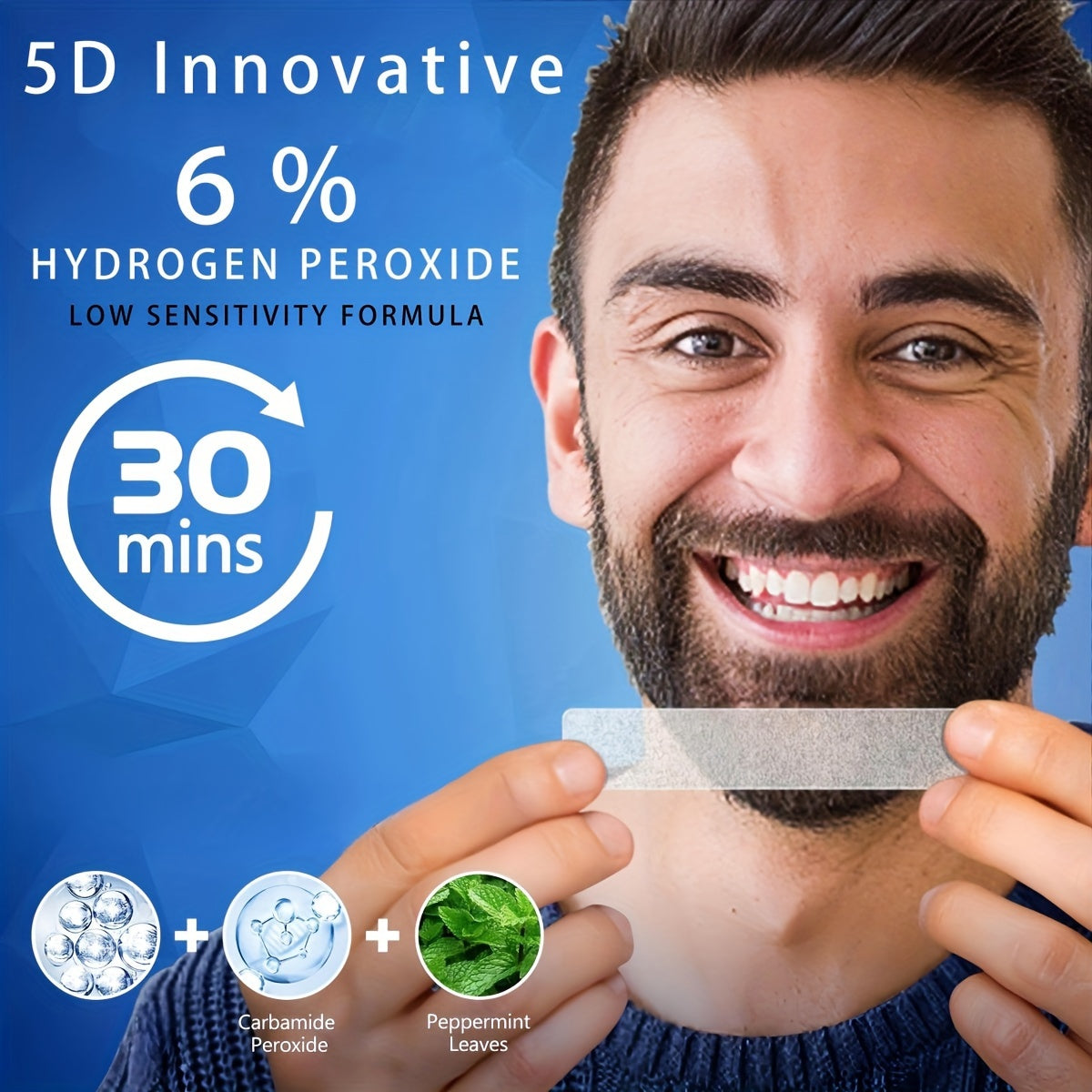 Man smiling and holding 5D Teeth Whitening Strips package with details on 6% hydrogen peroxide formula for 30-minute use.