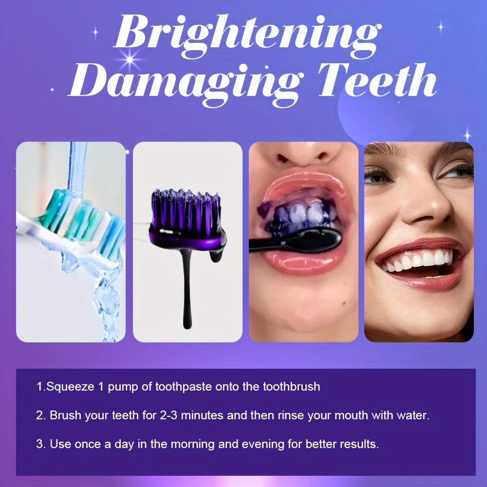 Purple Whitening Toothpaste instructions and results showcasing bright smiles and unique grape-flavored formula.