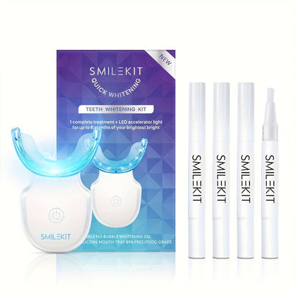 Wireless teeth whitening kit with LED lights and gel pens for home use.