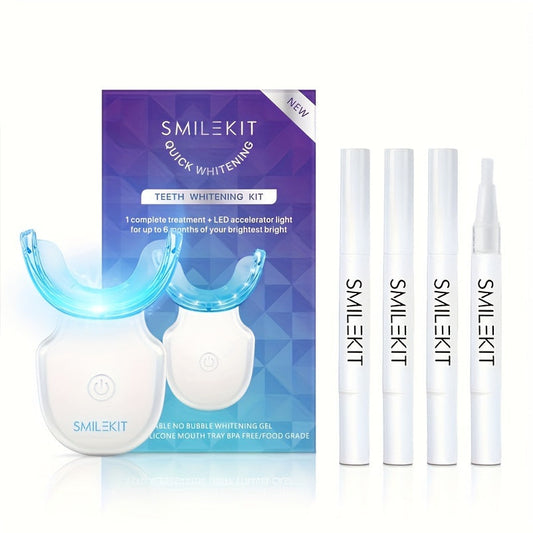 Wireless teeth whitening kit with LED lights and gel pens for home use.