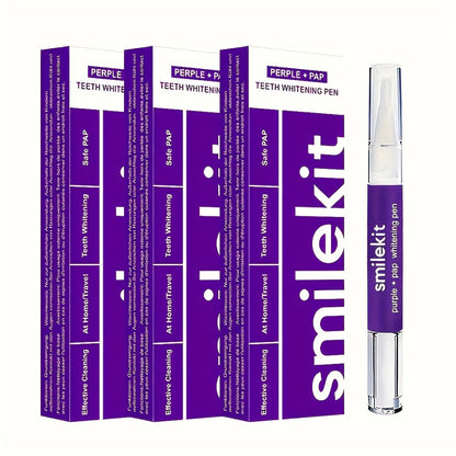 Teeth Whitening Gel Pen Set by SMILEKIT in purple packaging, featuring peroxide-free PAP formula for stain removal and bright smiles.