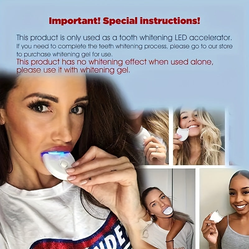 SMILEKIT Home Teeth Whitening Kit with LED Light in use, showcasing application process and user instructions.