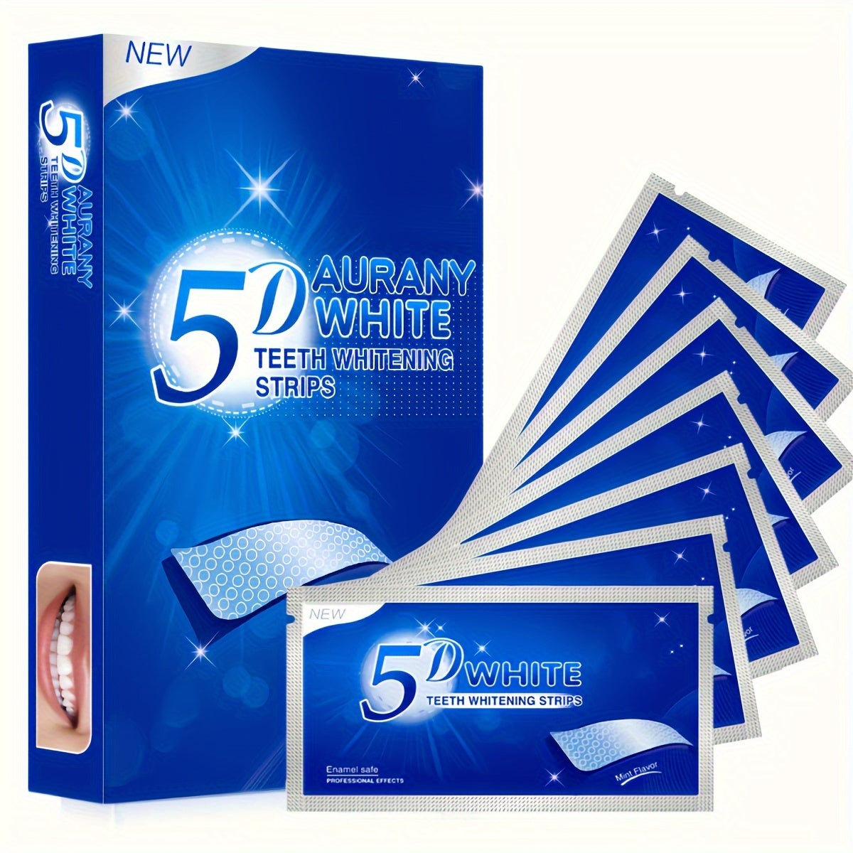 5D Teeth Whitening Strips packaging and individual strips for deep cleaning and stain removal.