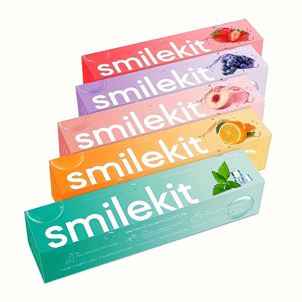 SMILEKIT Peach Grape Mint Breath Freshener Spray packaging with colorful boxes and fruit illustrations.