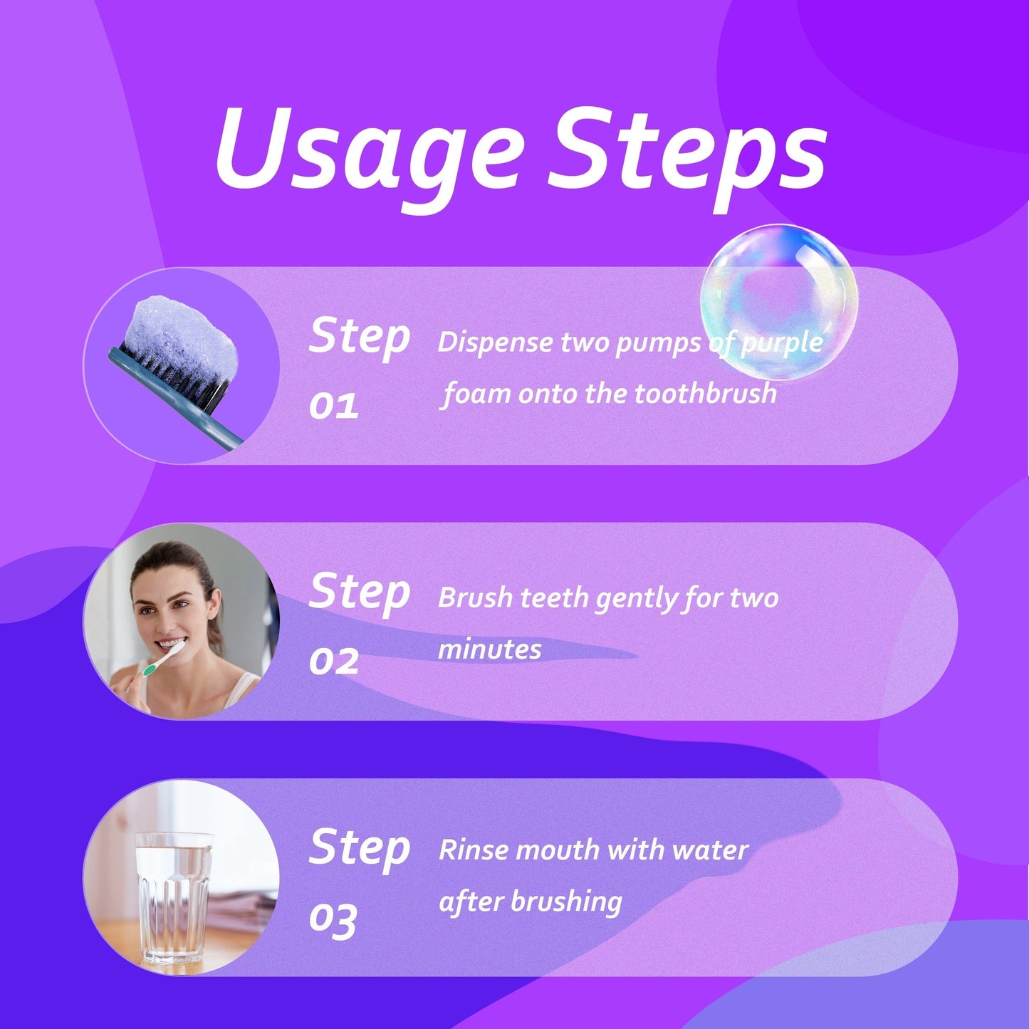 Usage steps for GlorySmile Purple Foam Toothpaste: dispense foam, brush for two minutes, rinse mouth.