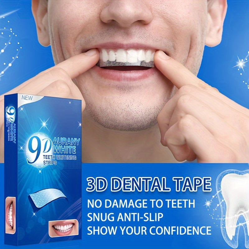 Man applying 9D Teeth Whitening Strips with product box and features in the background.