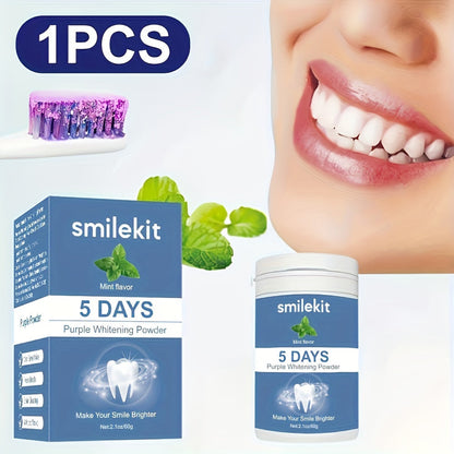 SMILEKIT Purple Teeth Whitening Powder with mint flavor, 5-day whitening, deep clean formula.