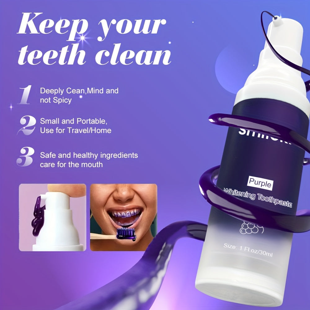 Purple Whitening Toothpaste in a sleek black and white bottle with grape flavor, offering deep clean and whitening benefits.