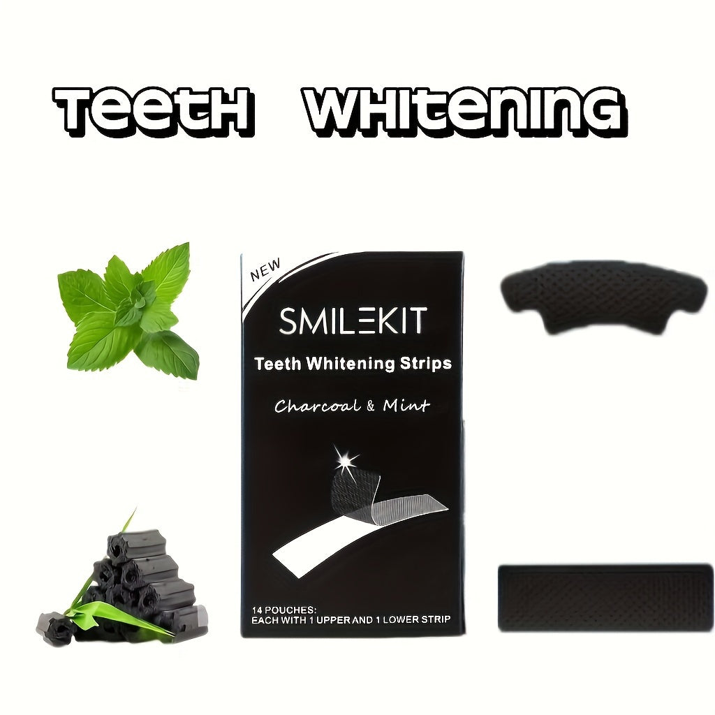 Bamboo Charcoal Teeth Whitening Strips with mint flavor packaging featuring natural ingredients.