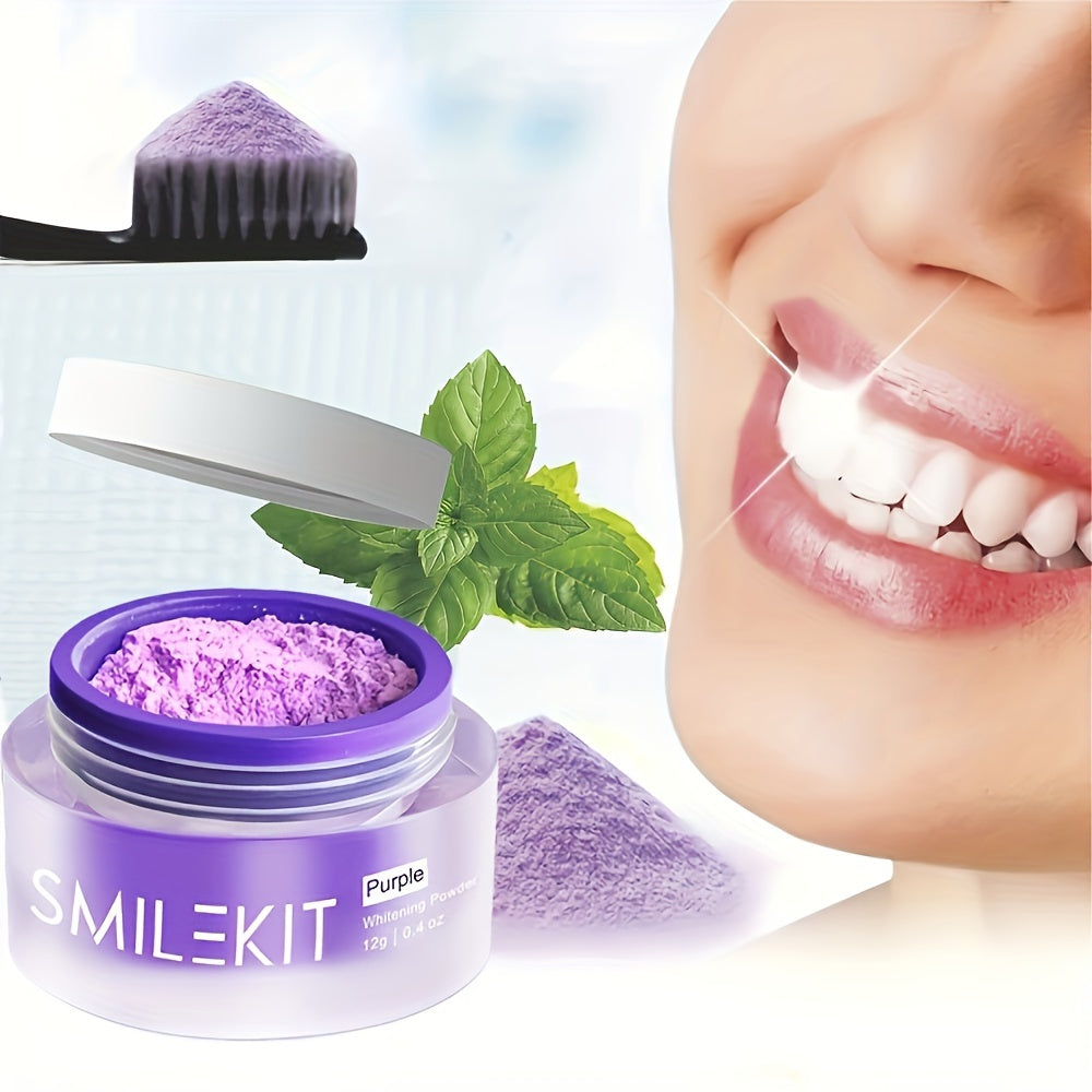 SMILEKIT Purple Teeth Whitening Powder with toothbrush and radiant smile