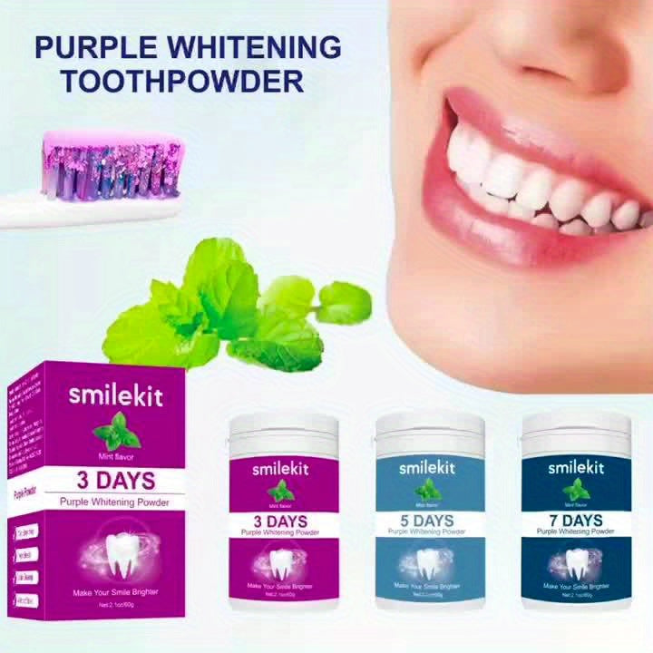 SMILEKIT Purple Teeth Whitening Powder with mint flavor, featuring brightened smile and toothbrush.