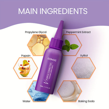 Purple Teeth Cleaning Liquid ingredients including propylene glycol, peppermint extract, papain, xylitol, water, and baking soda.