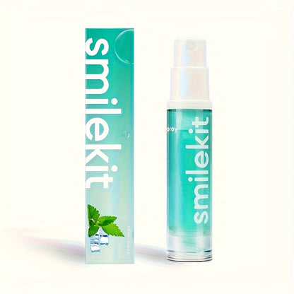 SMILEKIT Peach Grape Mint Breath Freshener Spray in 10ml bottle, portable oral hygiene solution.