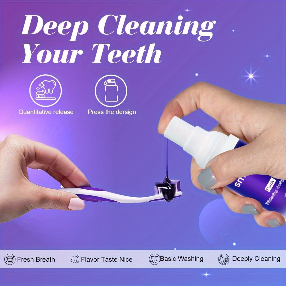 Deep cleaning with purple whitening toothpaste for fresh breath and stain removal.