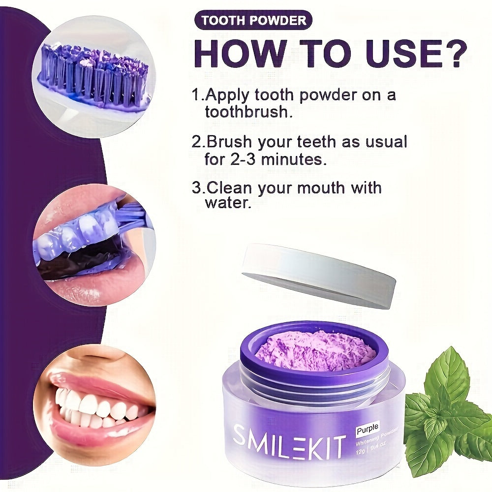 SMILEKIT Purple Teeth Whitening Powder usage instructions and product display.