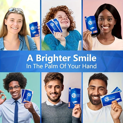 People holding 5D Teeth Whitening Strips with smiles; brighter smile in the palm of your hand.